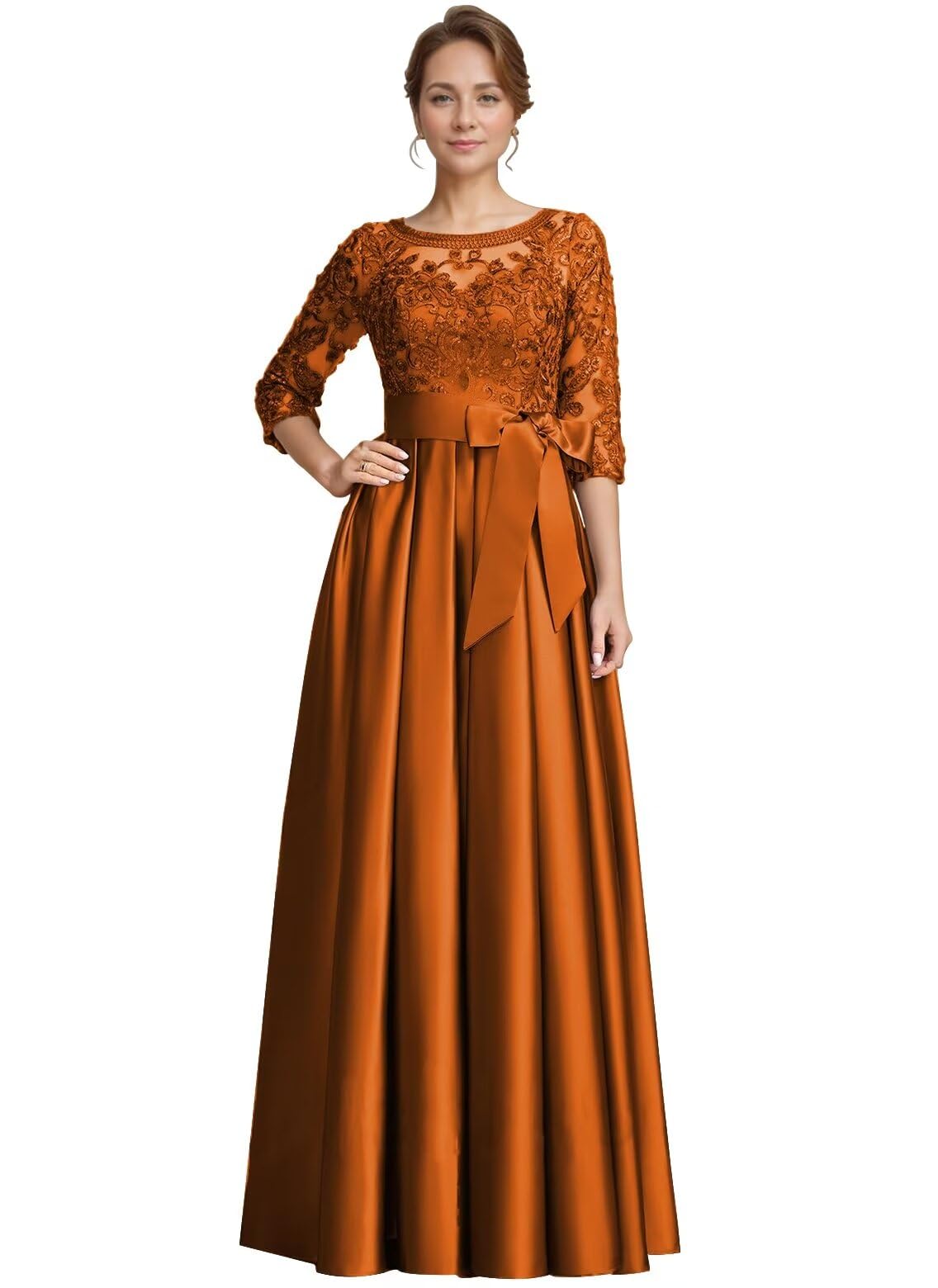 Foto 2 pulgar | Vestido Raomiao Para La Madre De La Novia, Encaje Satinado, Naranja Quemado - Venta Internacional.