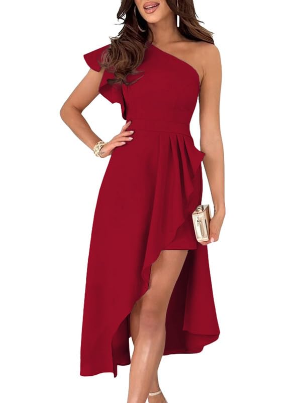 Foto 2 pulgar | Vestido Dokotoo De Un Solo Hombro Con Volantes, Cintura Imperial, Hi-lo, Rojo - Venta Internacional.