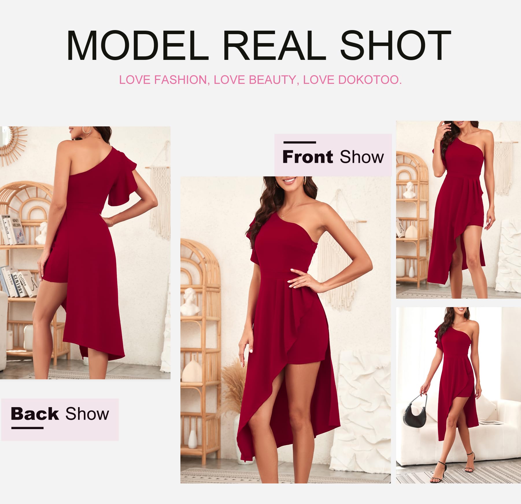 Foto 5 pulgar | Vestido Dokotoo De Un Solo Hombro Con Volantes, Cintura Imperial, Hi-lo, Rojo - Venta Internacional.