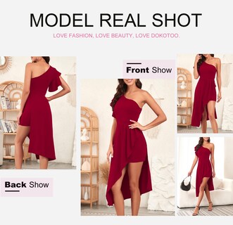 Foto 4 | Vestido Dokotoo De Un Solo Hombro Con Volantes, Cintura Imperial, Hi-lo, Rojo - Venta Internacional.