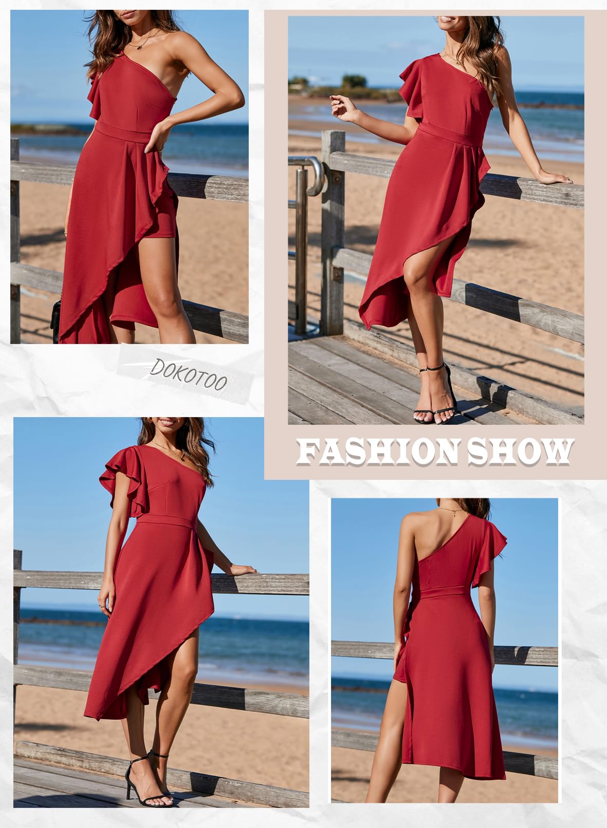 Foto 6 pulgar | Vestido Dokotoo De Un Solo Hombro Con Volantes, Cintura Imperial, Hi-lo, Rojo - Venta Internacional.