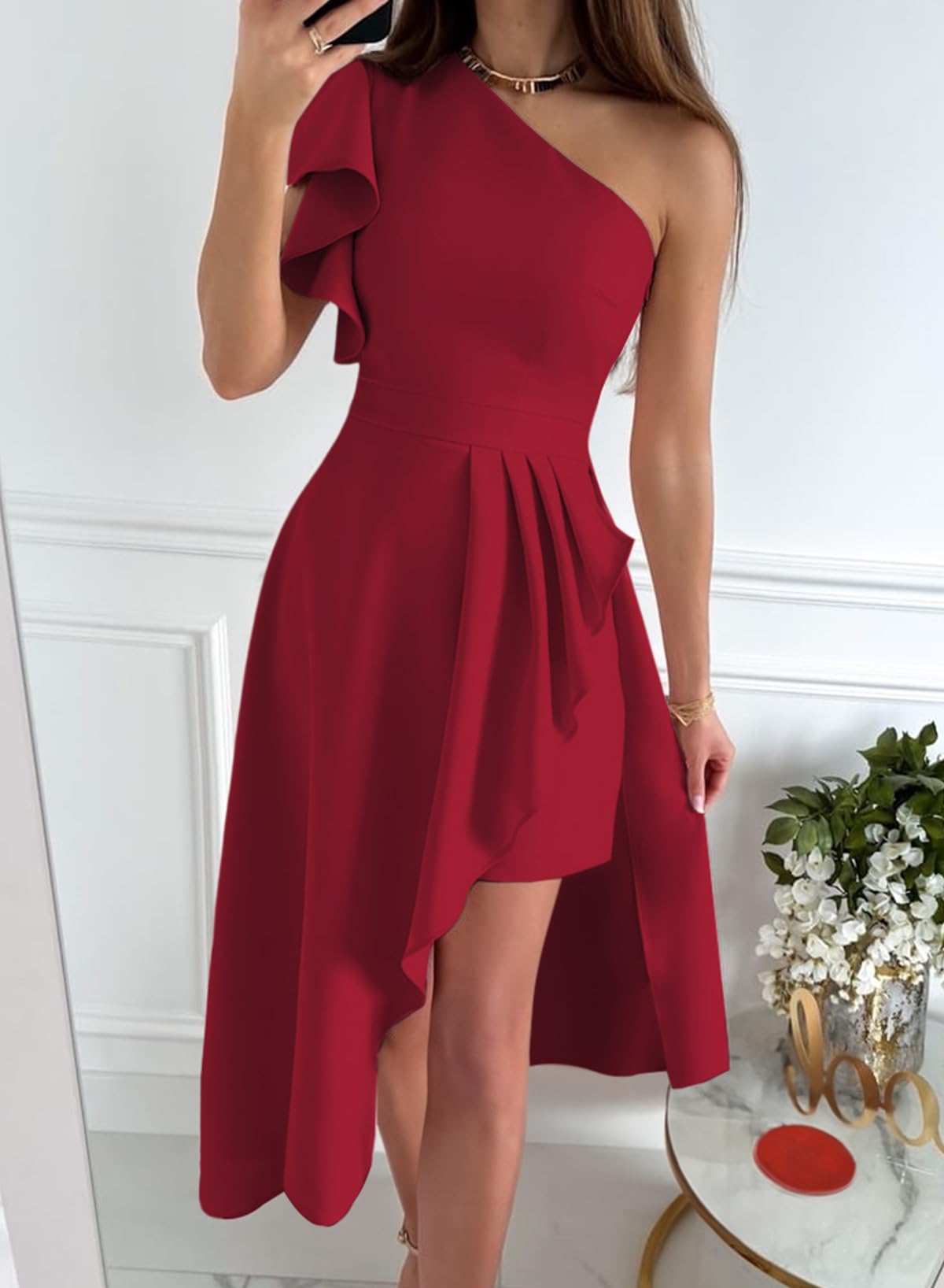Foto 8 pulgar | Vestido Dokotoo De Un Solo Hombro Con Volantes, Cintura Imperial, Hi-lo, Rojo - Venta Internacional.