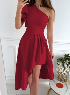 Foto 7 | Vestido Dokotoo De Un Solo Hombro Con Volantes, Cintura Imperial, Hi-lo, Rojo - Venta Internacional.