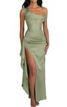 Vestido De Fiesta Lphirkut Satinado Con Hombros Descubiertos, Fruncido, Verde Salvia - Venta Internacional.