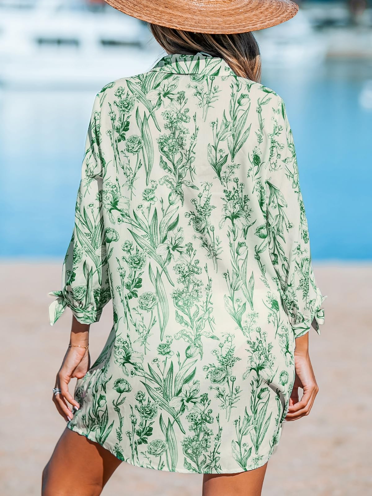 Foto 3 pulgar | Vestido De Playa Cupshe Camisa Floral Manga 3/4 Verde Rayón L - Venta Internacional.