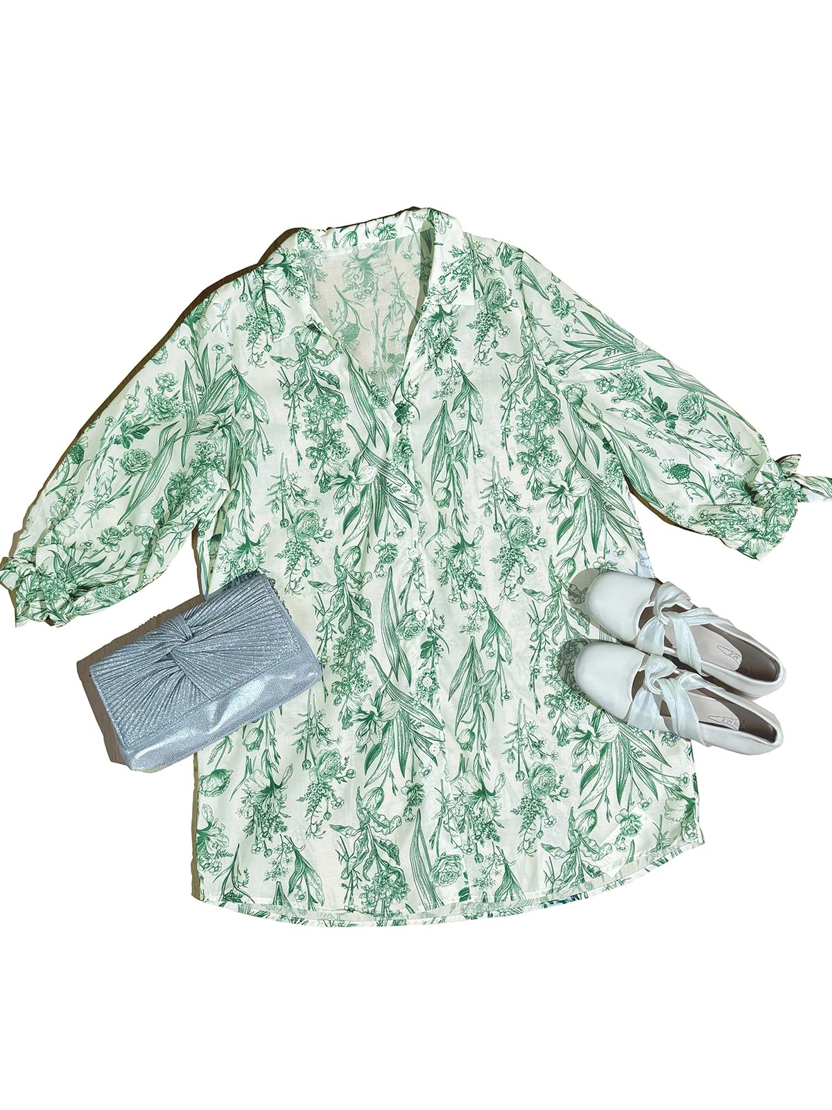 Foto 6 pulgar | Vestido De Playa Cupshe Camisa Floral Manga 3/4 Verde Rayón L - Venta Internacional.