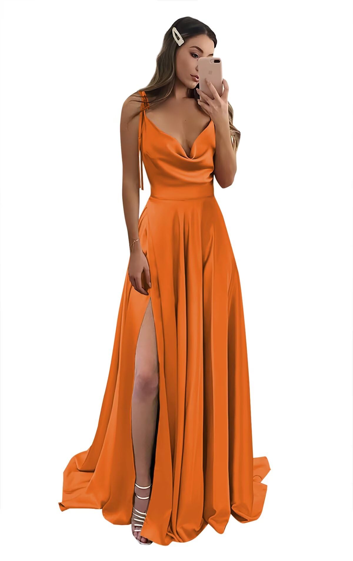 Foto 2 pulgar | Vestido De Fiesta Monvelli De Satén Con Cuello Vuelto Sin Espalda Y Abertura Naranja - Venta Internacional.
