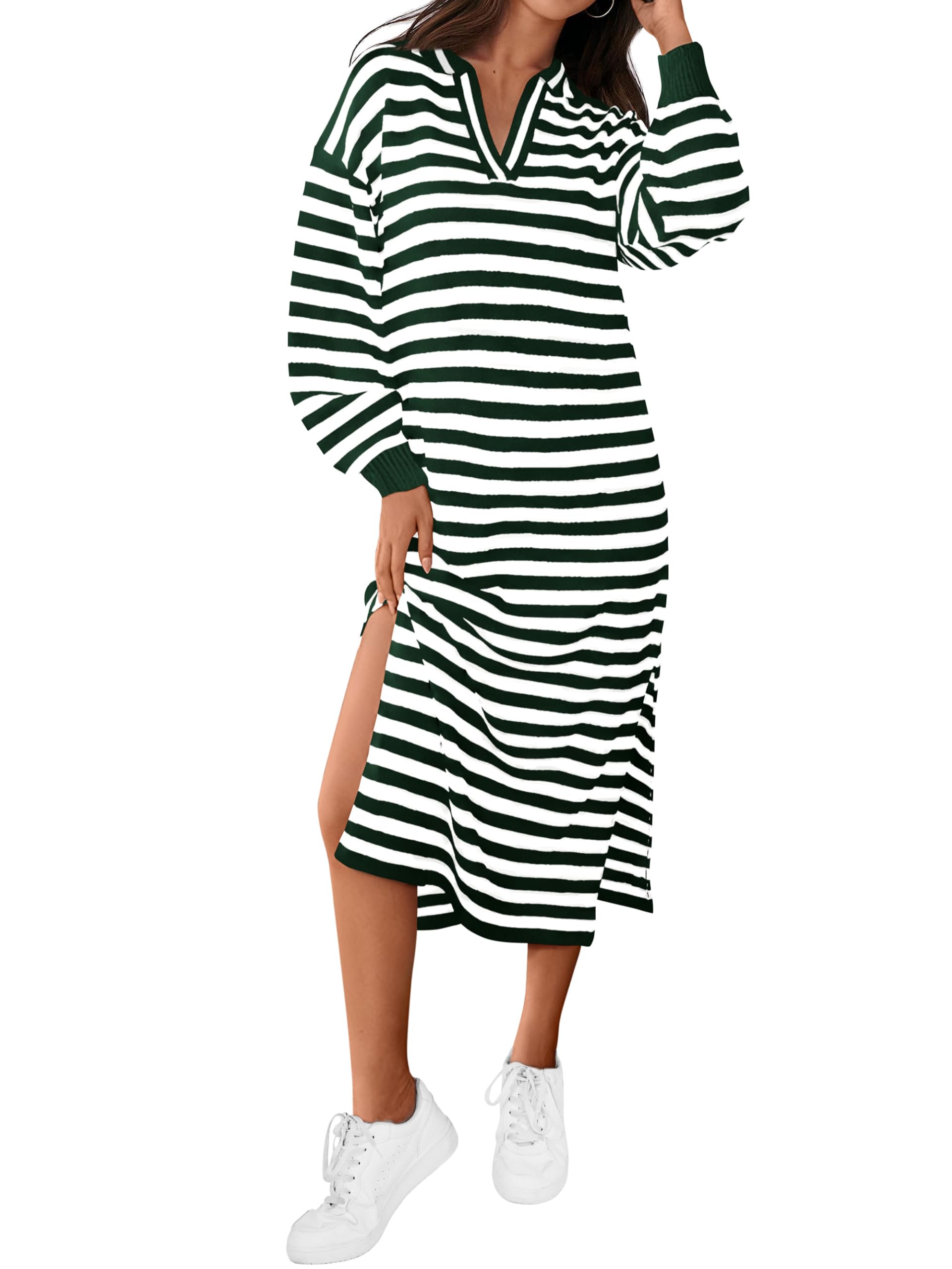 Foto 2 pulgar | Vestido Tipo Suéter Mascomoda Para Mujer, A Rayas De Otoño, Cuello En V, Holgado - Venta Internacional.