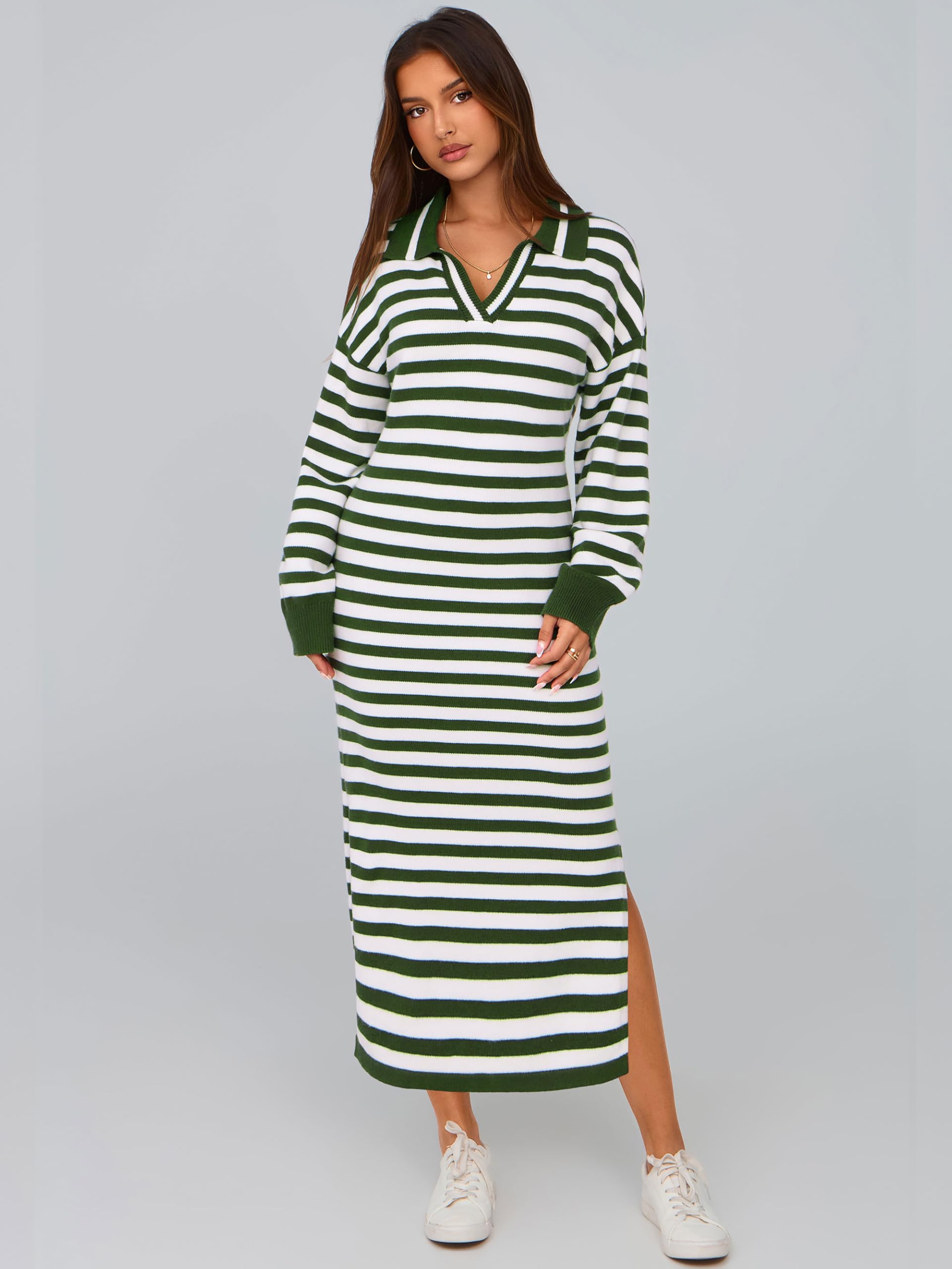 Foto 3 pulgar | Vestido Tipo Suéter Mascomoda Para Mujer, A Rayas De Otoño, Cuello En V, Holgado - Venta Internacional.
