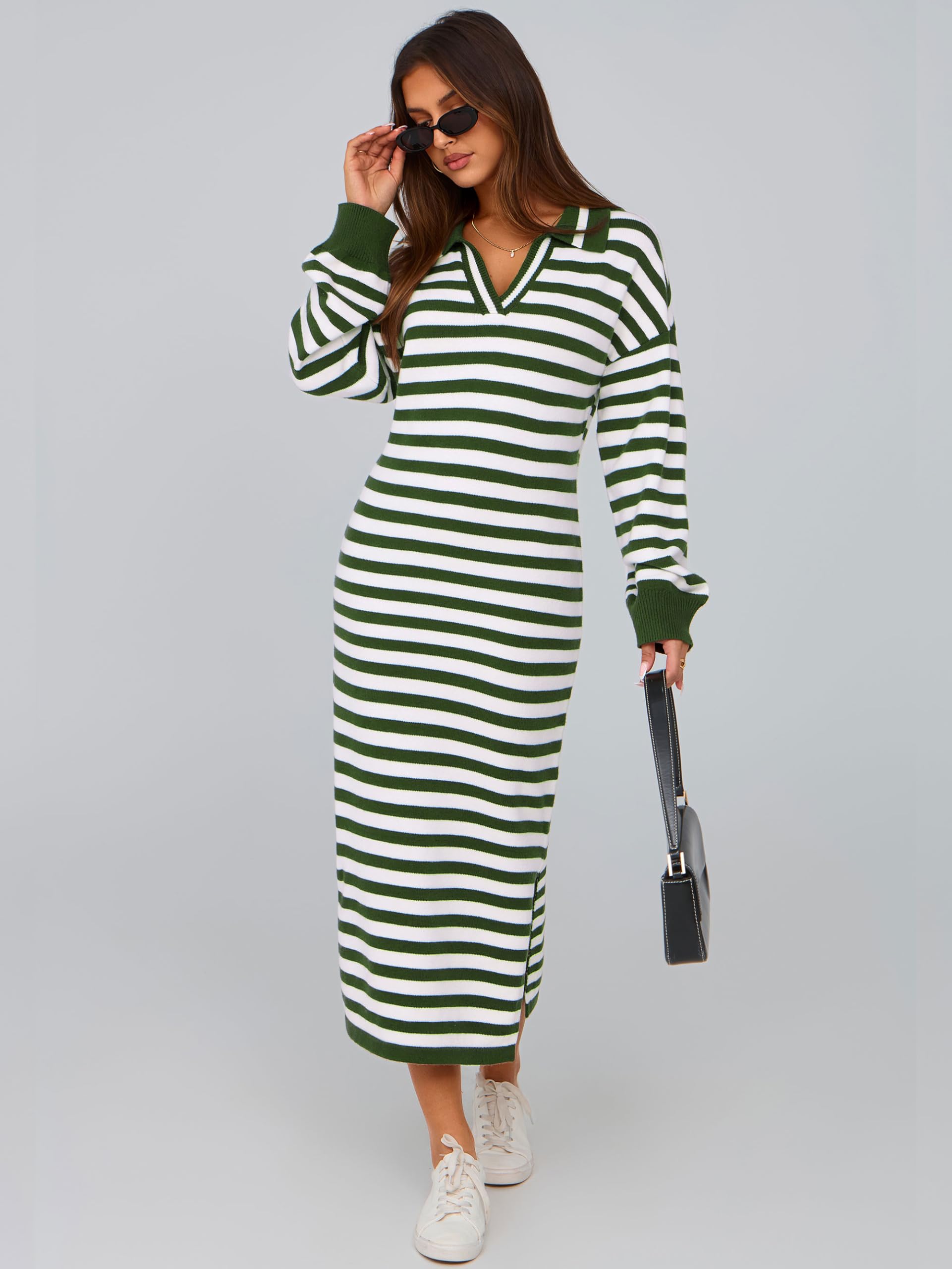 Foto 4 pulgar | Vestido Tipo Suéter Mascomoda Para Mujer, A Rayas De Otoño, Cuello En V, Holgado - Venta Internacional.