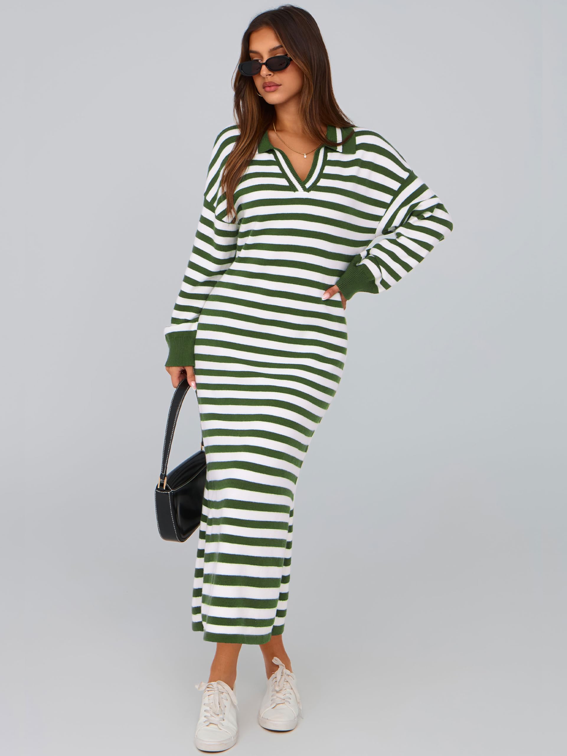 Foto 5 pulgar | Vestido Tipo Suéter Mascomoda Para Mujer, A Rayas De Otoño, Cuello En V, Holgado - Venta Internacional.