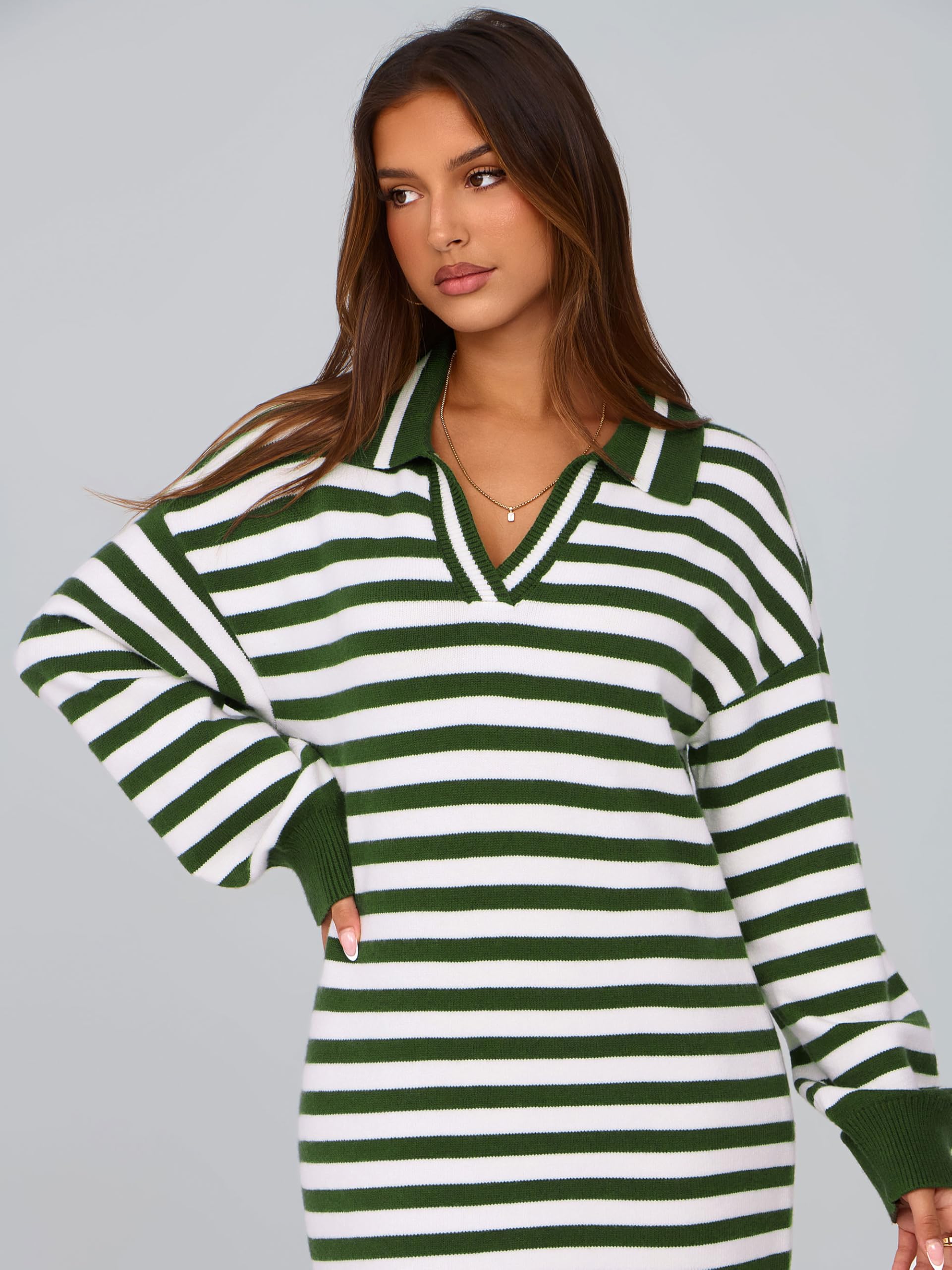 Foto 6 pulgar | Vestido Tipo Suéter Mascomoda Para Mujer, A Rayas De Otoño, Cuello En V, Holgado - Venta Internacional.