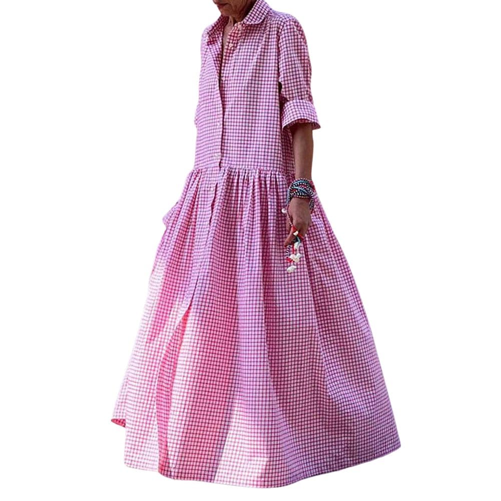 Foto 2 pulgar | Vestido Maxi Camisero Chouyatou Retro A Cuadros Con Botones Para Mujer - Venta Internacional.