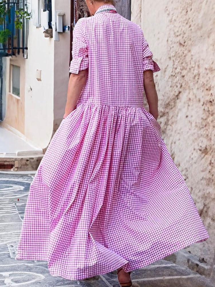 Foto 3 pulgar | Vestido Maxi Camisero Chouyatou Retro A Cuadros Con Botones Para Mujer - Venta Internacional.