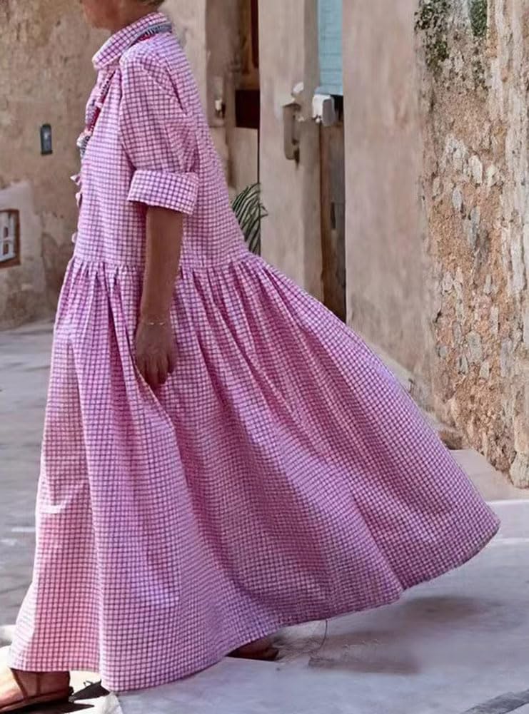Foto 4 pulgar | Vestido Maxi Camisero Chouyatou Retro A Cuadros Con Botones Para Mujer - Venta Internacional.