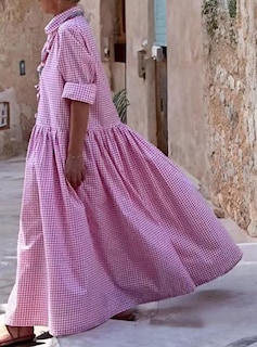 Foto 3 | Vestido Maxi Camisero Chouyatou Retro A Cuadros Con Botones Para Mujer - Venta Internacional.