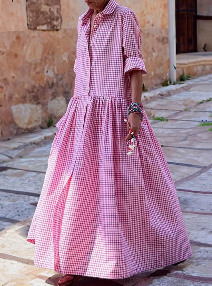 Foto 5 pulgar | Vestido Maxi Camisero Chouyatou Retro A Cuadros Con Botones Para Mujer - Venta Internacional.
