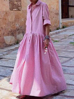 Foto 4 | Vestido Maxi Camisero Chouyatou Retro A Cuadros Con Botones Para Mujer - Venta Internacional.