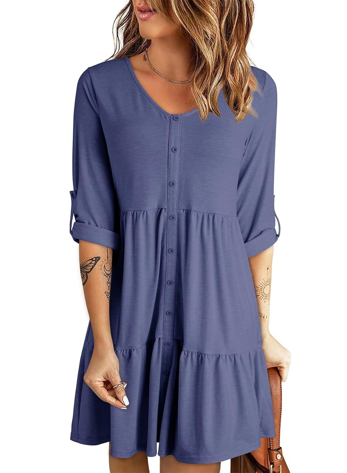Foto 2 pulgar | Vestido Dokotoo Casual Con Botones, Manga Larga, Cuello En V, Para Mujer, Azul - Venta Internacional.