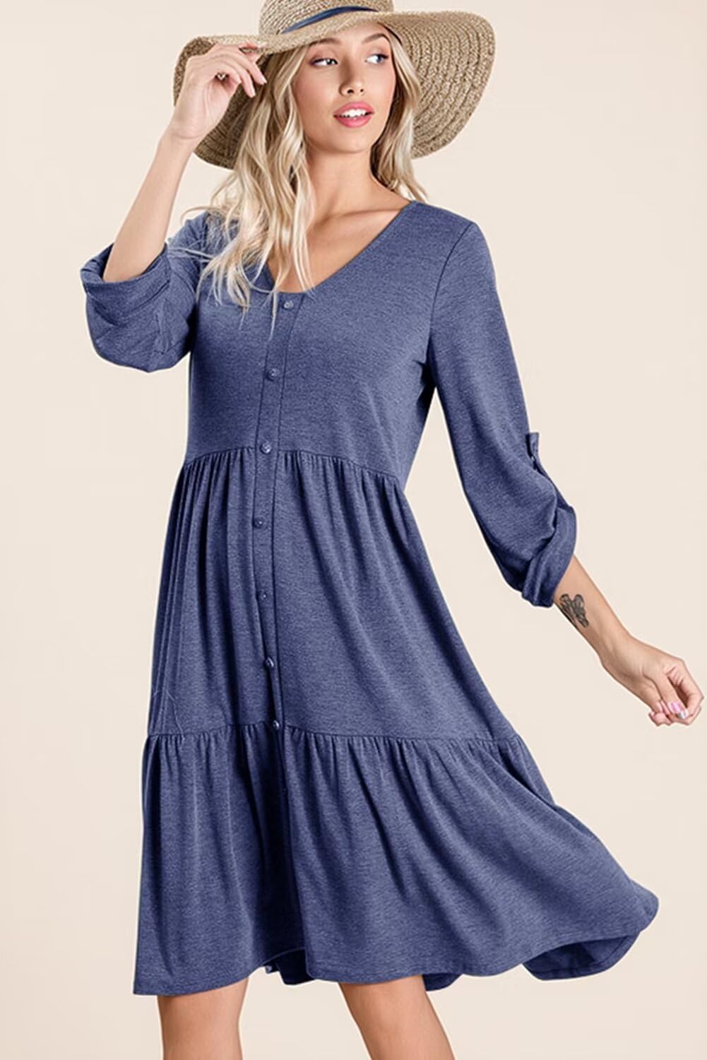 Foto 3 pulgar | Vestido Dokotoo Casual Con Botones, Manga Larga, Cuello En V, Para Mujer, Azul - Venta Internacional.