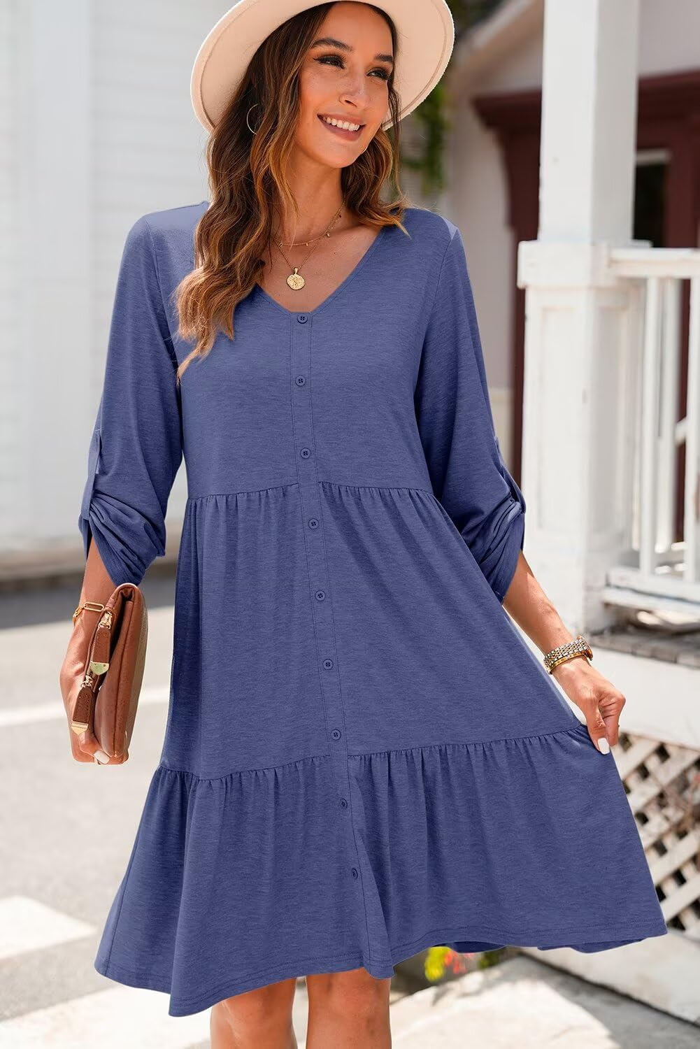 Foto 5 pulgar | Vestido Dokotoo Casual Con Botones, Manga Larga, Cuello En V, Para Mujer, Azul - Venta Internacional.