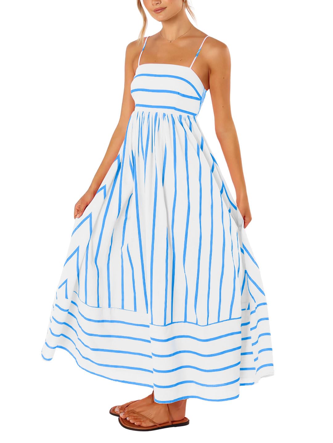 Foto 2 pulgar | Vestido Largo Chouyatou Para Mujer, A Rayas, Espalda Fruncida, Azul Blanco - Venta Internacional.