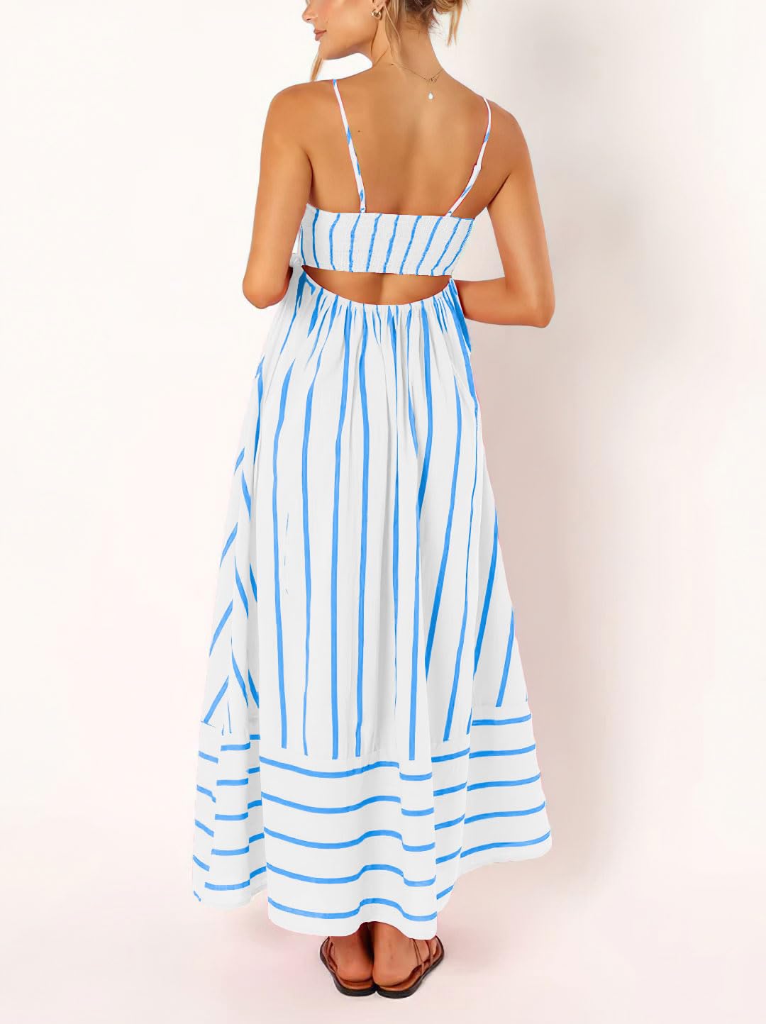 Foto 3 pulgar | Vestido Largo Chouyatou Para Mujer, A Rayas, Espalda Fruncida, Azul Blanco - Venta Internacional.