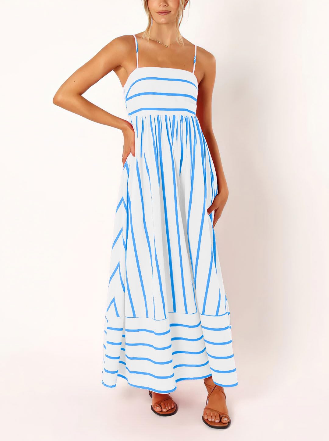 Foto 4 pulgar | Vestido Largo Chouyatou Para Mujer, A Rayas, Espalda Fruncida, Azul Blanco - Venta Internacional.