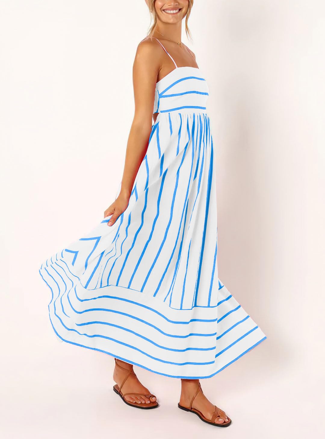 Foto 5 pulgar | Vestido Largo Chouyatou Para Mujer, A Rayas, Espalda Fruncida, Azul Blanco - Venta Internacional.