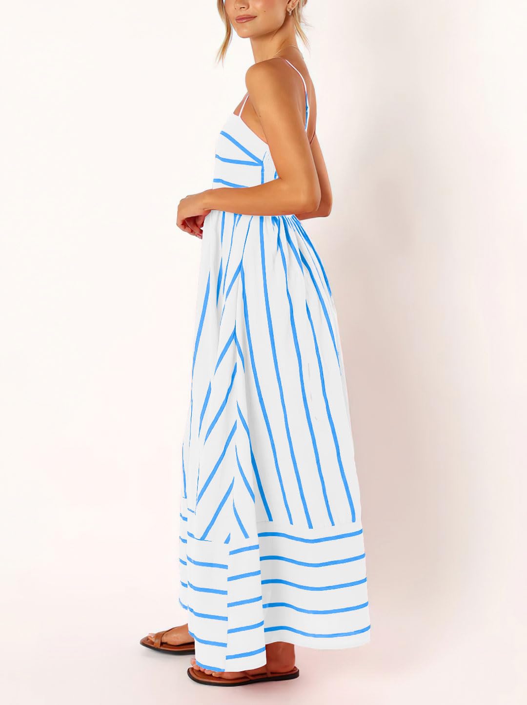 Foto 6 pulgar | Vestido Largo Chouyatou Para Mujer, A Rayas, Espalda Fruncida, Azul Blanco - Venta Internacional.