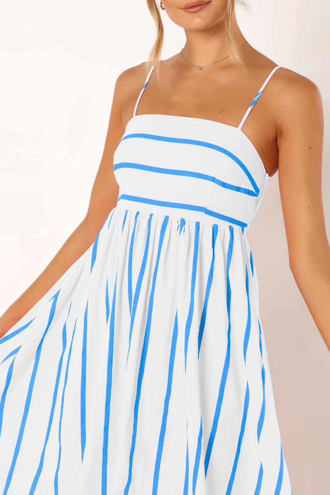 Foto 7 pulgar | Vestido Largo Chouyatou Para Mujer, A Rayas, Espalda Fruncida, Azul Blanco - Venta Internacional.