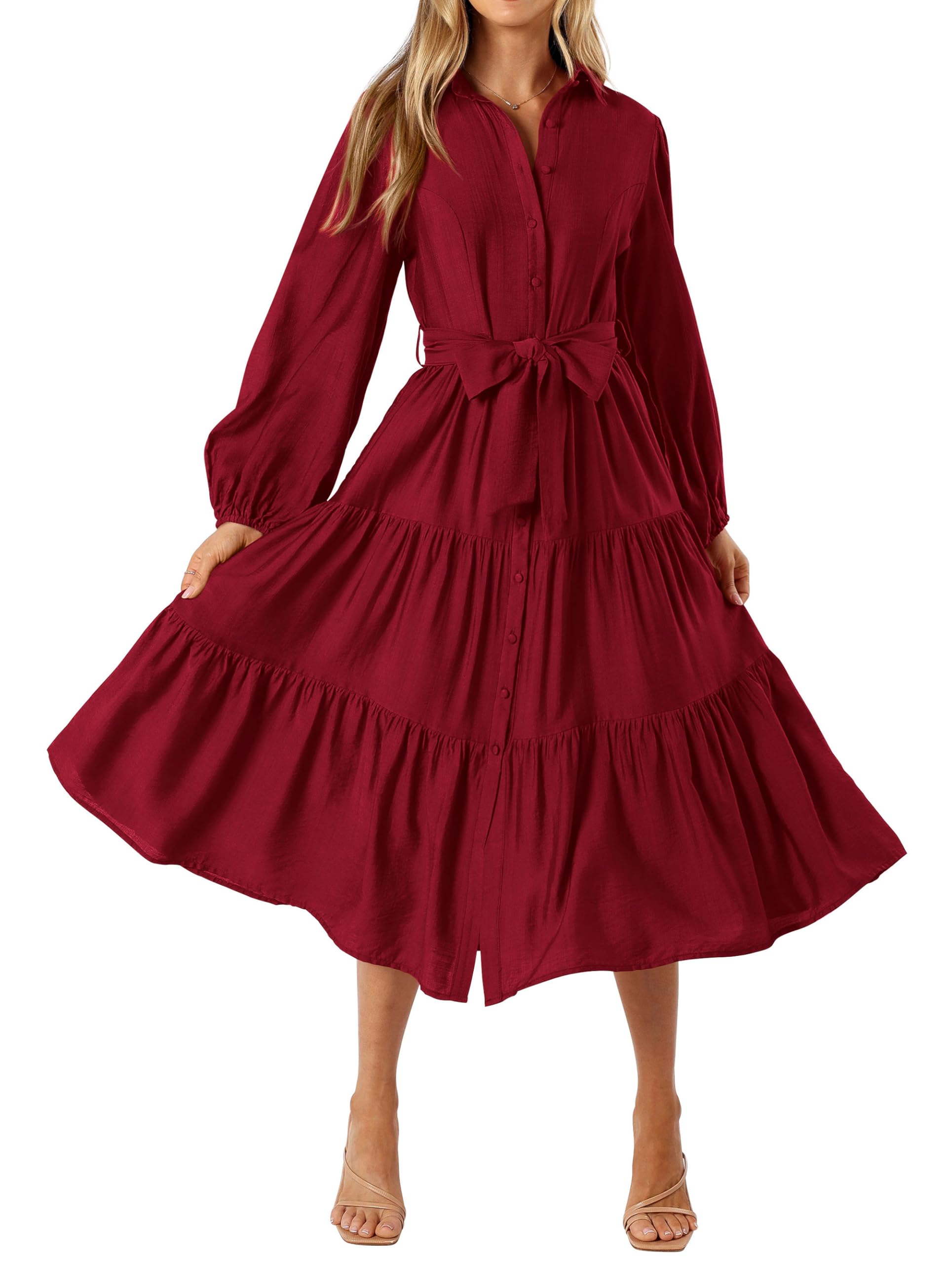 Foto 1 | Vestido Mascomoda 2024 Otoño Manga Larga Midi Cuello V Rojo Vino - Venta Internacional.