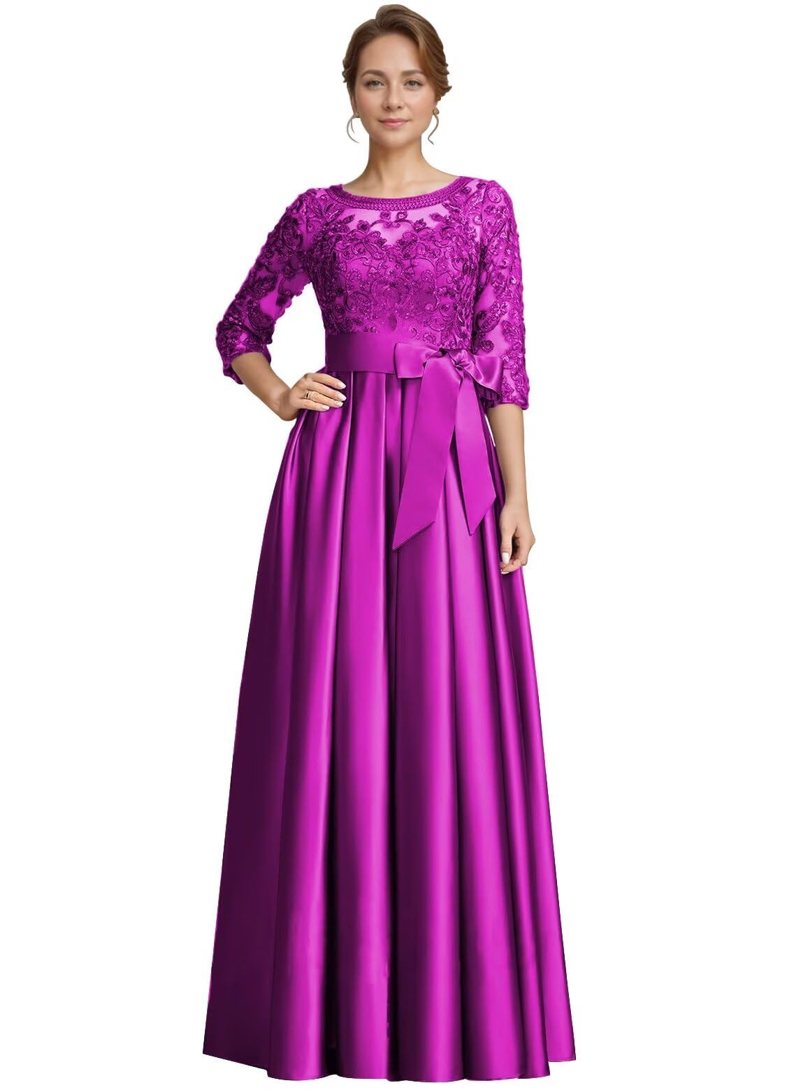 Foto 2 pulgar | Vestido Raomiao Para La Madre De La Novia, Encaje Satinado, Fucsia, Talla Grande - Venta Internacional.