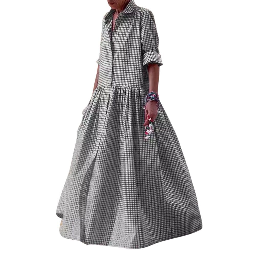 Foto 2 pulgar | Vestido Maxi Camisero Chouyatou Retro A Cuadros Con Botones Para Mujer - Venta Internacional.