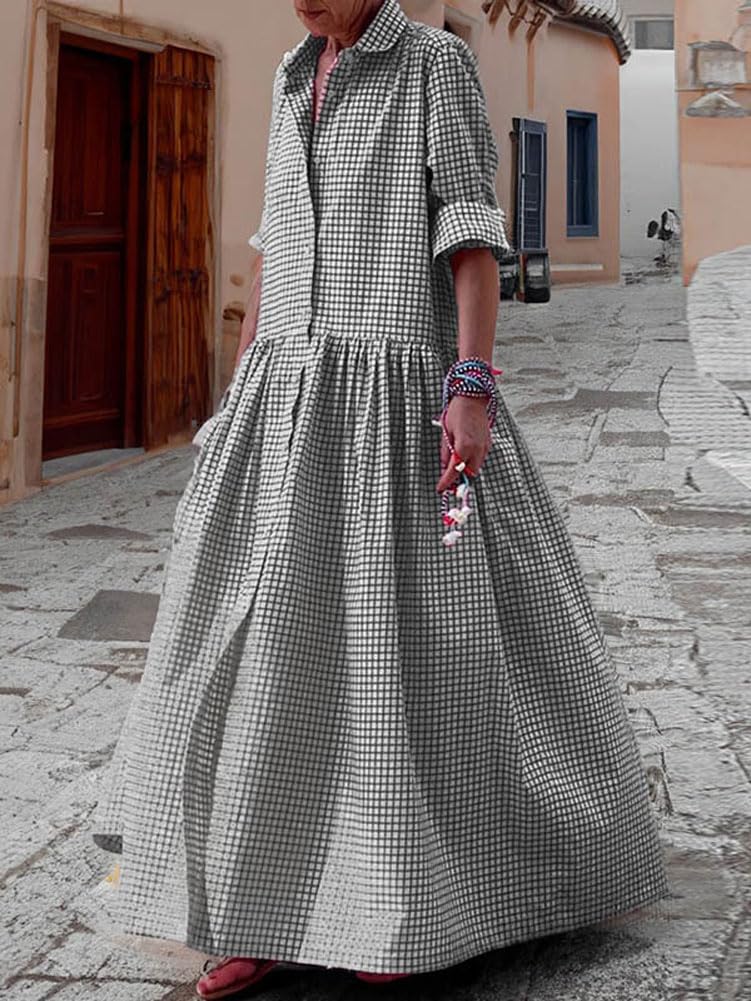 Foto 3 pulgar | Vestido Maxi Camisero Chouyatou Retro A Cuadros Con Botones Para Mujer - Venta Internacional.