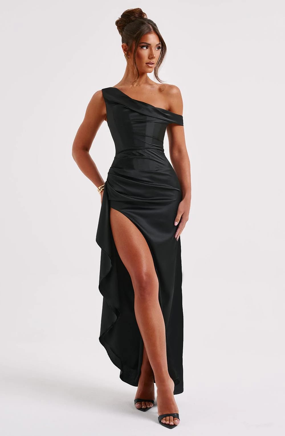 Foto 4 pulgar | Vestido De Noche Lphirkut De Satén Con Hombros Descubiertos Para Mujer, Negro - Venta Internacional.