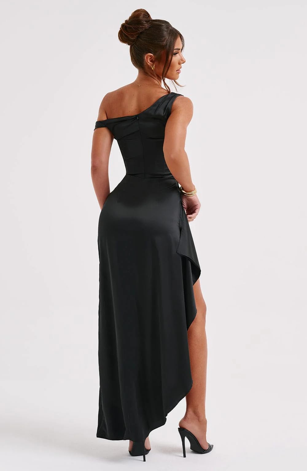 Foto 4 | Vestido De Noche Lphirkut De Satén Con Hombros Descubiertos Para Mujer, Negro - Venta Internacional.