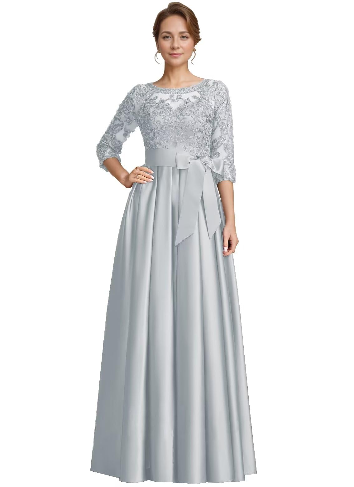 Foto 1 | Vestido Largo De Encaje Satinado Plateado Raomiao Para Madre Del Novio - Venta Internacional.