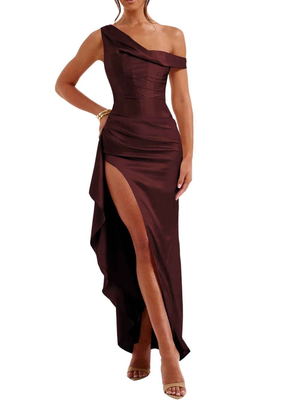 Foto 1 | Vestido De Fiesta Lphirkut Satinado Largo Con Hombros Descubiertos, Color Burdeos Oscuro - Venta Internacional.