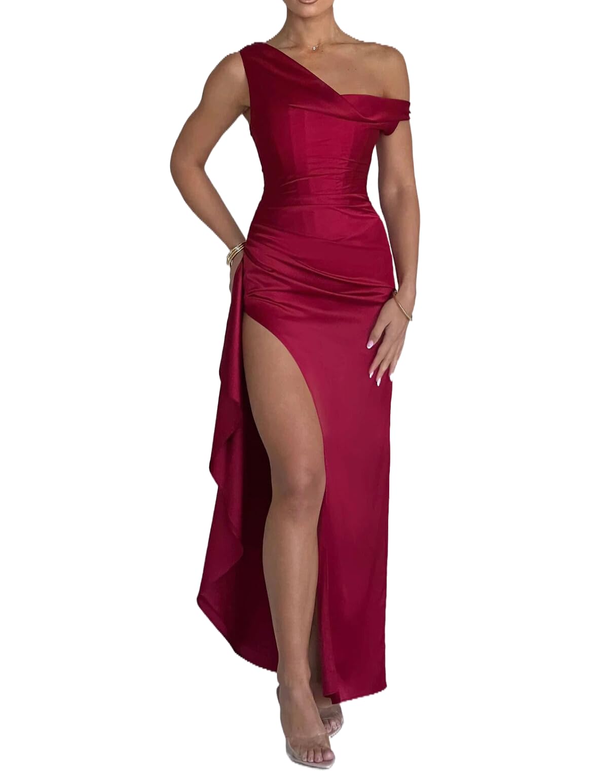 Foto 2 pulgar | Vestido De Fiesta Lphirkut Satinado Con Hombros Descubiertos, Diseño De Sirena Fruncida, Rojo Vino - Venta Internacion