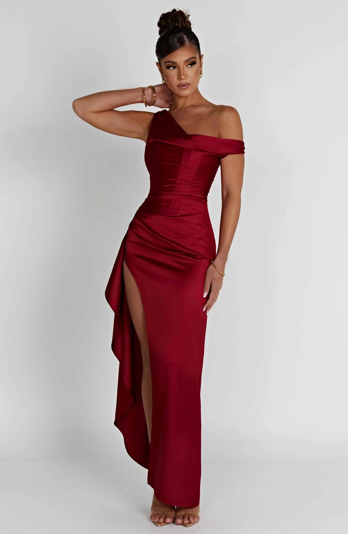 Foto 2 | Vestido De Fiesta Lphirkut Satinado Con Hombros Descubiertos, Diseño De Sirena Fruncida, Rojo Vino - Venta Internacion