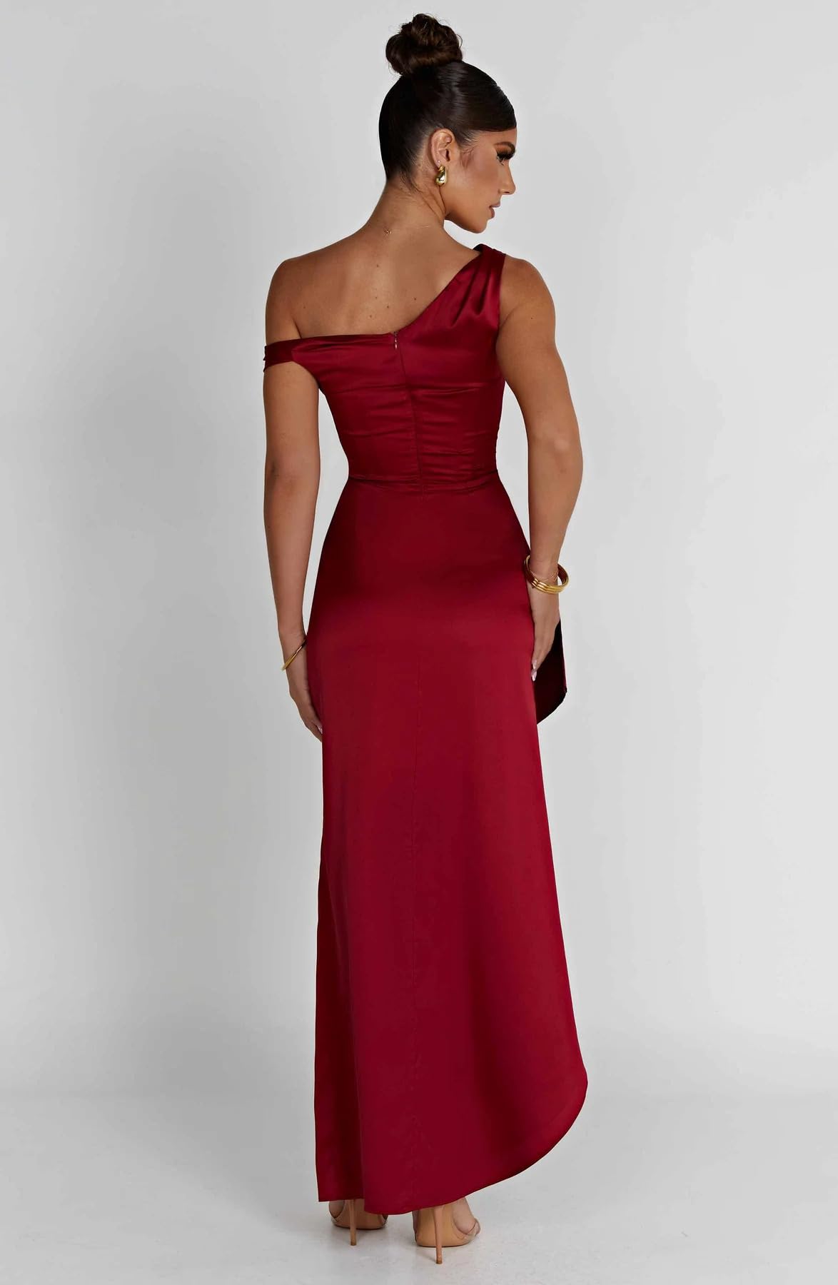 Foto 5 pulgar | Vestido De Fiesta Lphirkut Satinado Con Hombros Descubiertos, Diseño De Sirena Fruncida, Rojo Vino - Venta Internacion