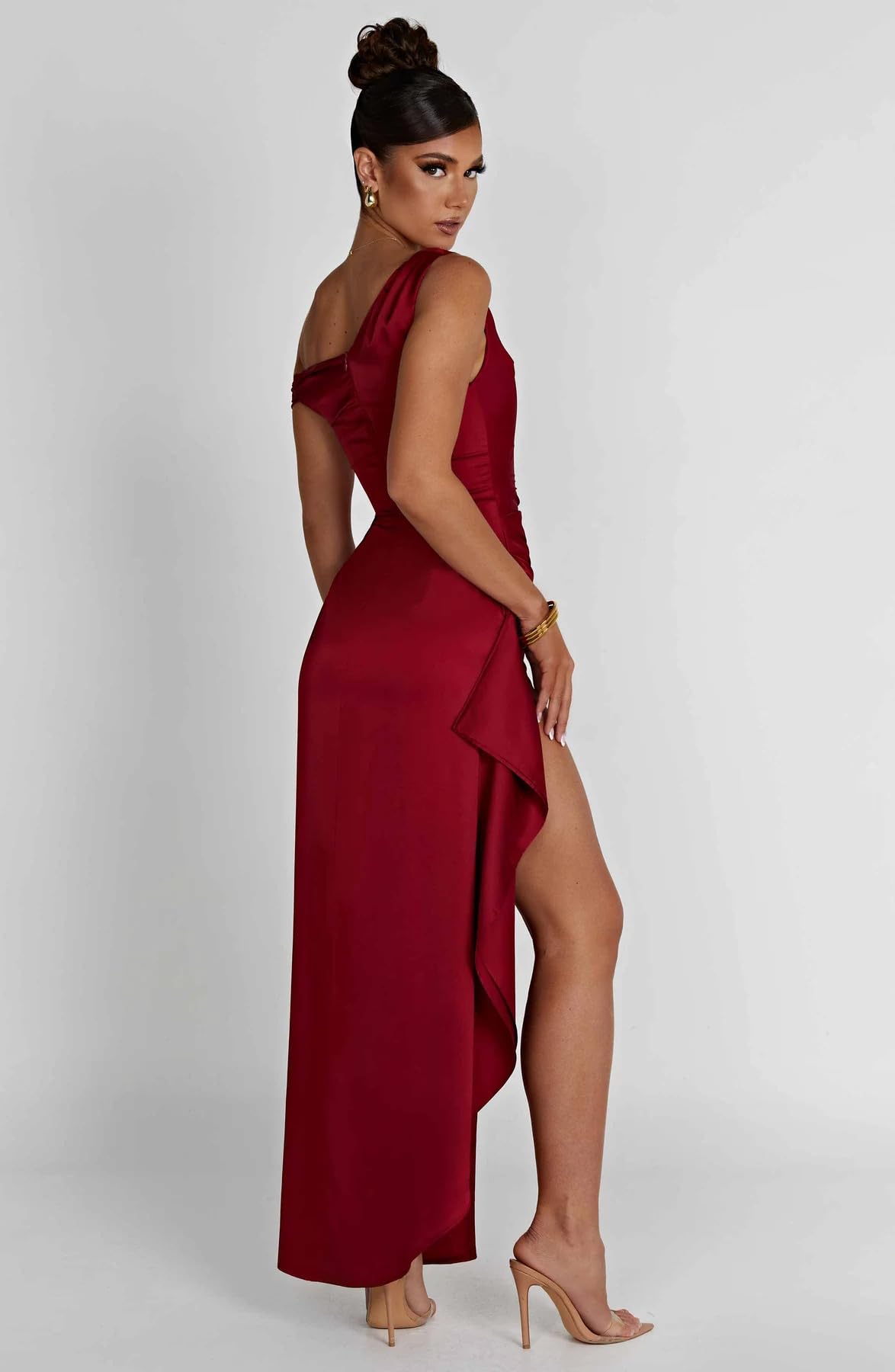 Foto 6 pulgar | Vestido De Fiesta Lphirkut Satinado Con Hombros Descubiertos, Diseño De Sirena Fruncida, Rojo Vino - Venta Internacion