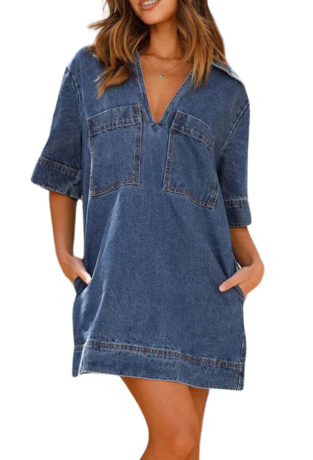 Foto 2 pulgar | Vestido Chouyatou Para Mujer, Holgado, Cuello En V, Vaquero, Azul Oscuro - Venta Internacional.