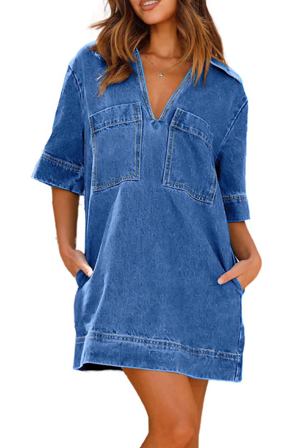 Foto 2 pulgar | Vestido Chouyatou Para Mujer, Corte Holgado, Corte Holgado, Minivaquero Con Cuello En V - Venta Internacional.