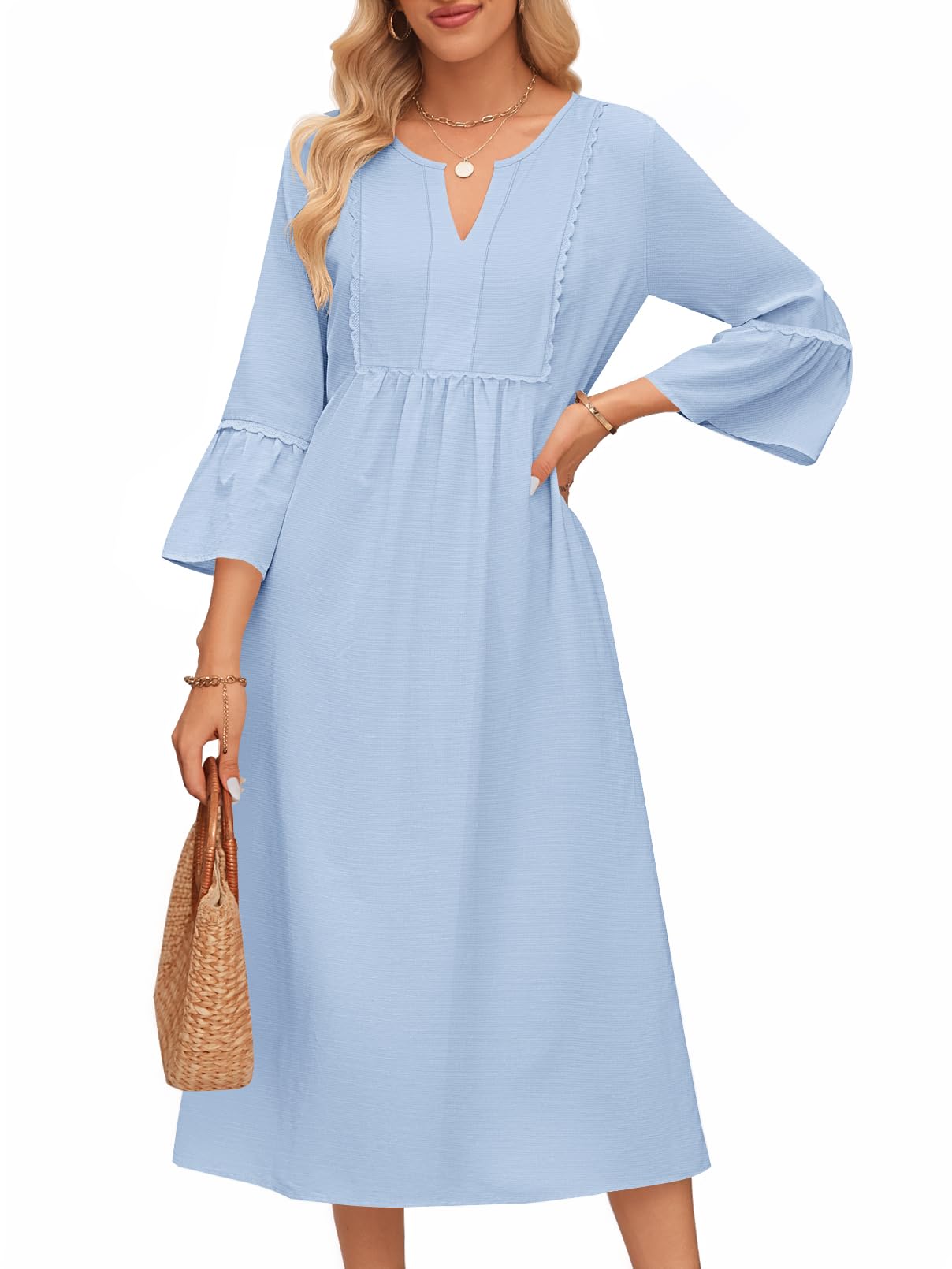 Foto 1 | Vestido Midi Merokeety Para Mujer, Manga 3/4, Cuello En V, Gris/azul - Venta Internacional.