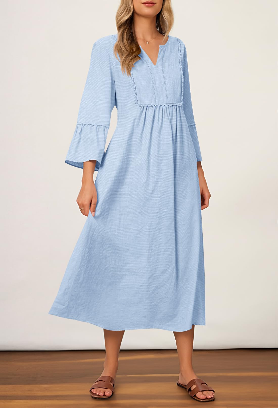 Foto 3 pulgar | Vestido Midi Merokeety Para Mujer, Manga 3/4, Cuello En V, Gris/azul - Venta Internacional.