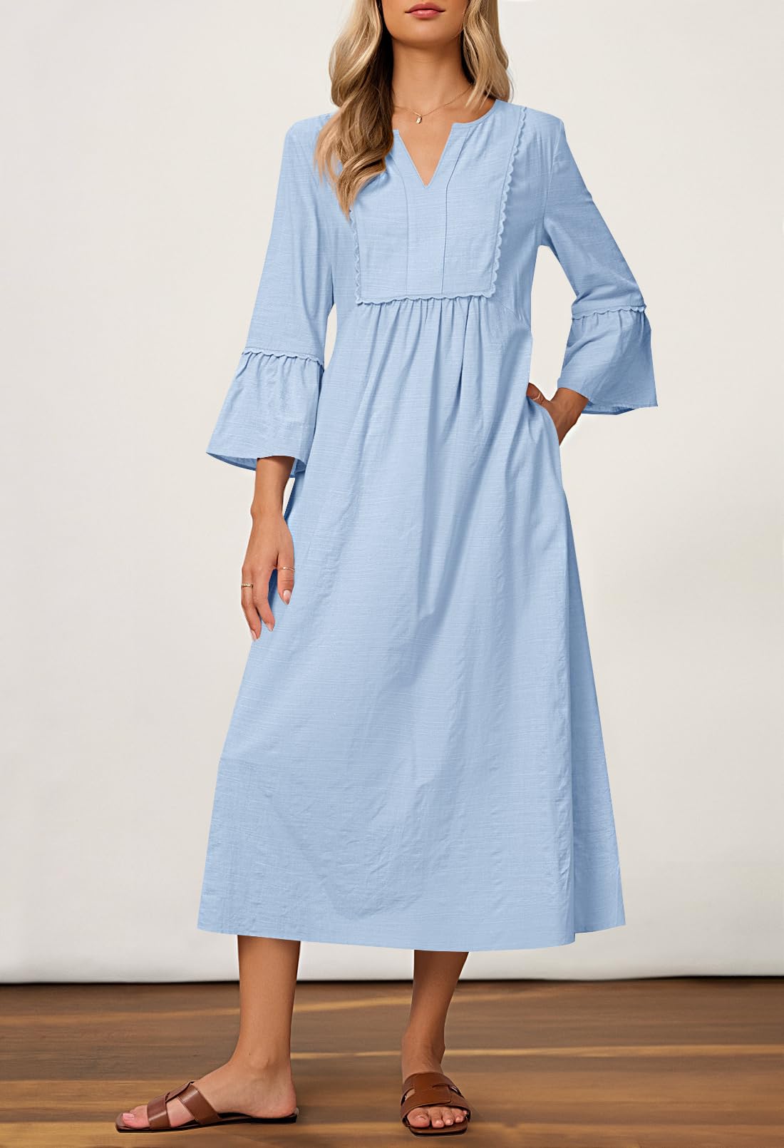 Foto 4 pulgar | Vestido Midi Merokeety Para Mujer, Manga 3/4, Cuello En V, Gris/azul - Venta Internacional.