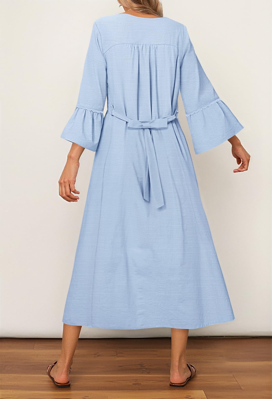 Foto 5 pulgar | Vestido Midi Merokeety Para Mujer, Manga 3/4, Cuello En V, Gris/azul - Venta Internacional.