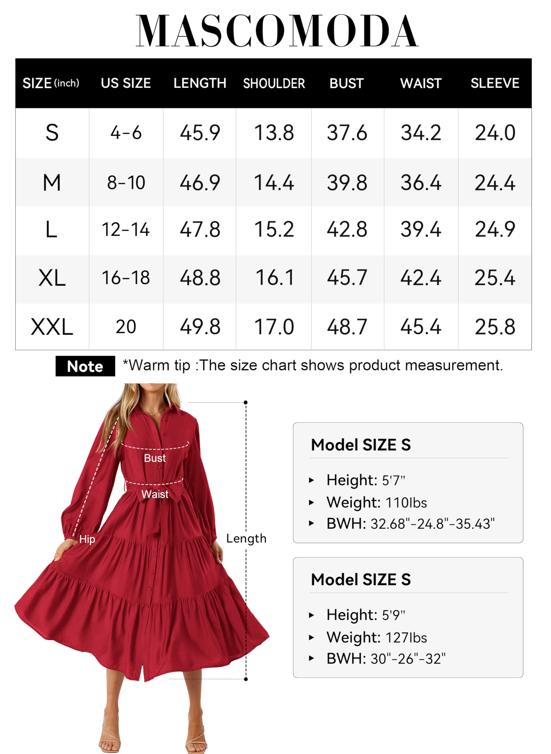 Foto 7 pulgar | Vestido Mascomoda Para Mujer, Manga Larga, Otoño 2024, Midi, Rojo - Venta Internacional.